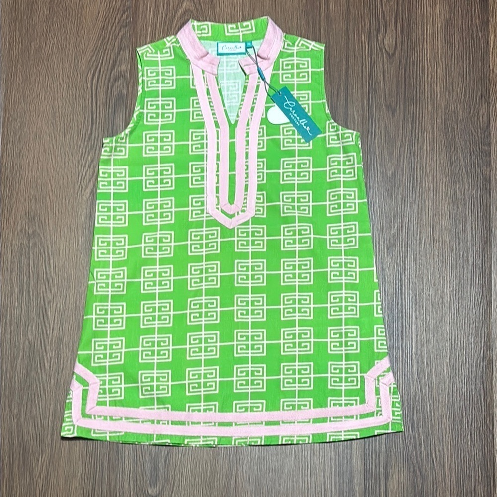Carvalho Couture Green Pink Geo Tunic Top Sleeveless NWT XL Resort